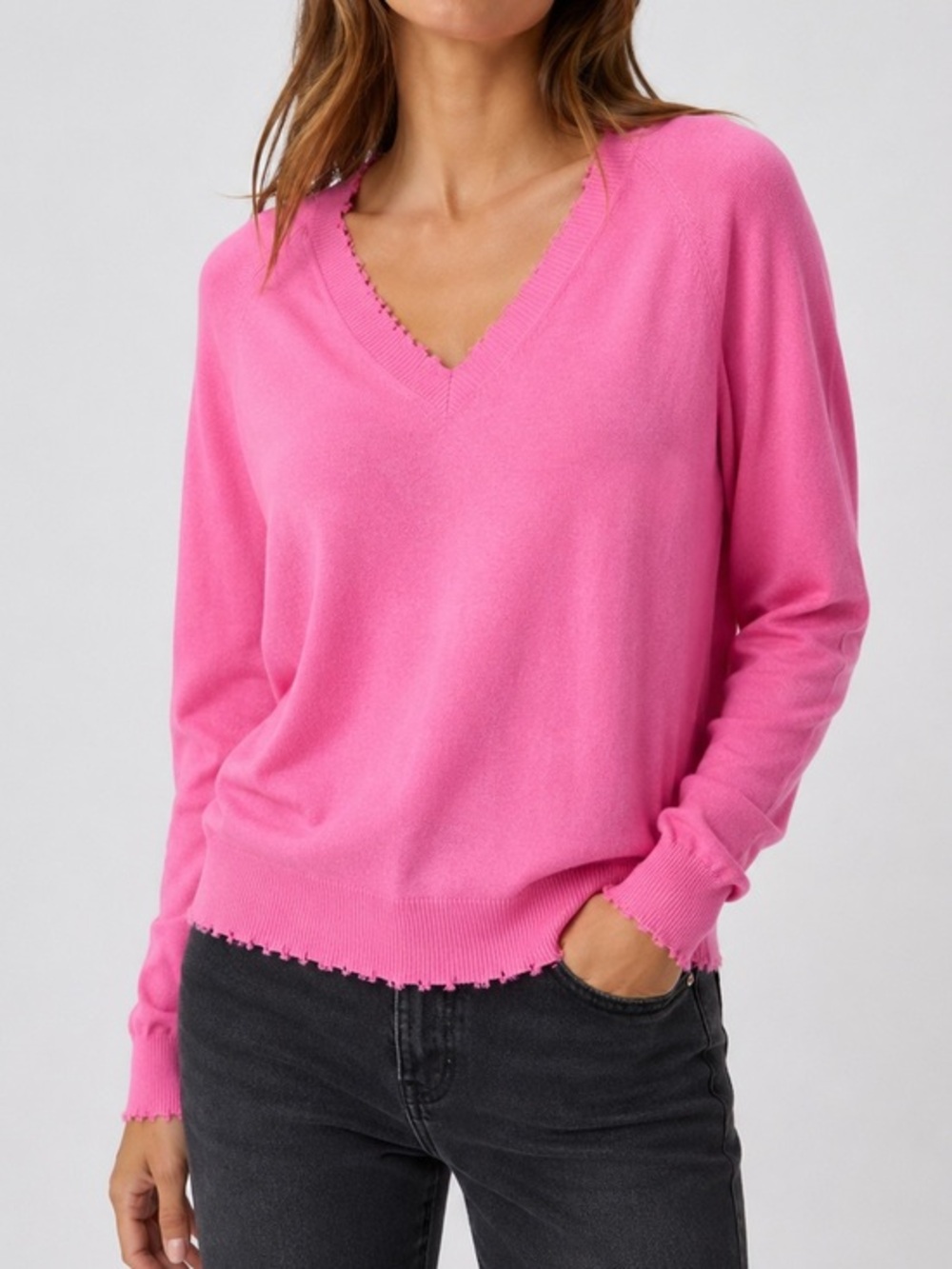 Minnie Rose Raw Edge V-Neck Cashmere Blend Sweater Pink Women’s S